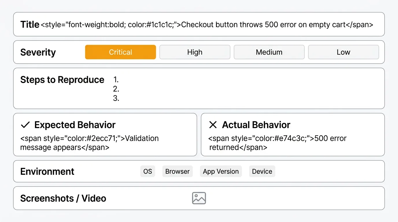 Bug report template structure showing fields for title, severity, steps to reproduce, expected vs actual behavior, environment, and screenshots