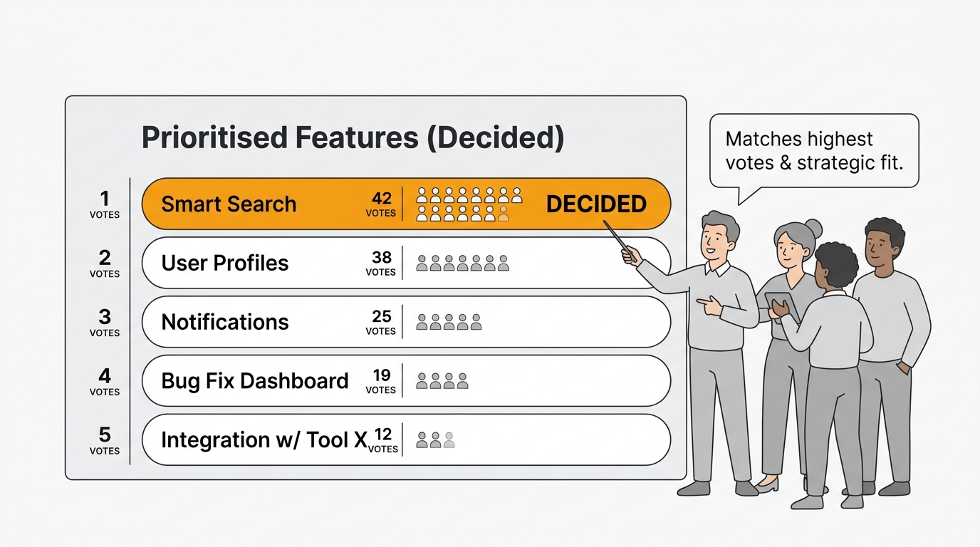A ranked feature voting board with vote tallies surfacing the most-requested ideas