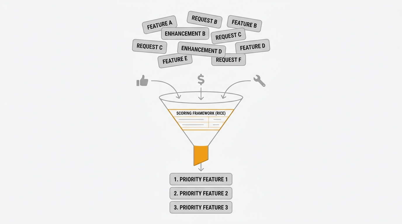 Feature requests funneled into a ranked, ordered list using votes, value, and effort signals