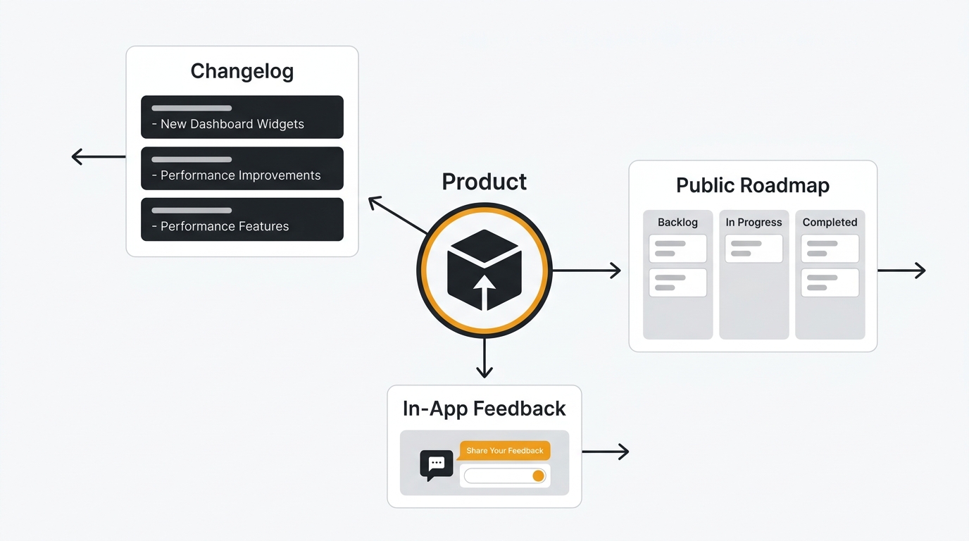 Three distribution surfaces every product already owns: changelog, roadmap, and feedback widget